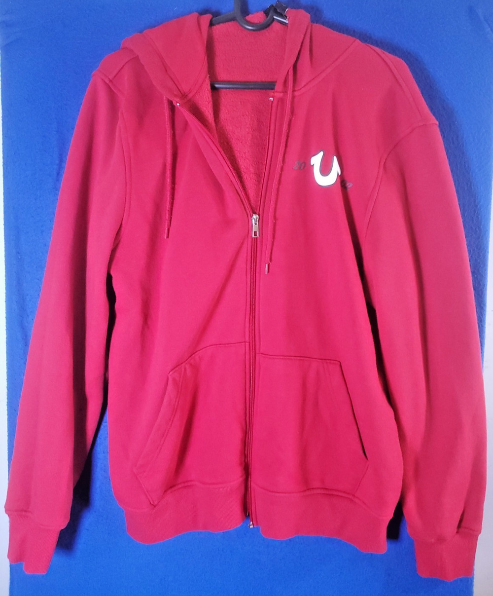 True Religion Men XL Red Buddha Zip Up Hoodie Horseshoe Logo Sweater